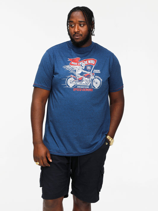 BRADFORD -D555 Navy Blue Twist Skeleton Biker Printed Crew Neck T-Shirt