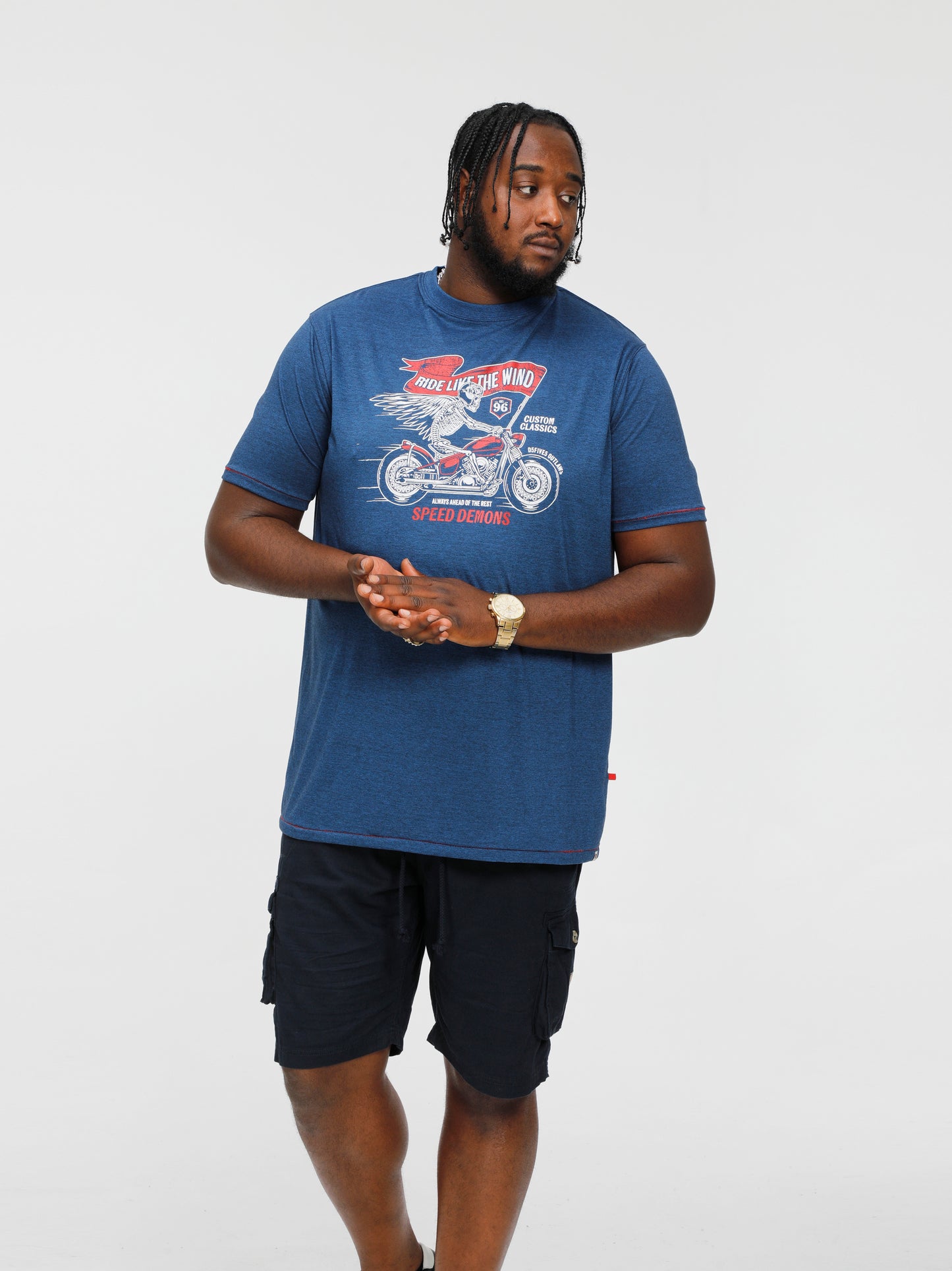 BRADFORD -D555 Navy Blue Twist Skeleton Biker Printed Crew Neck T-Shirt