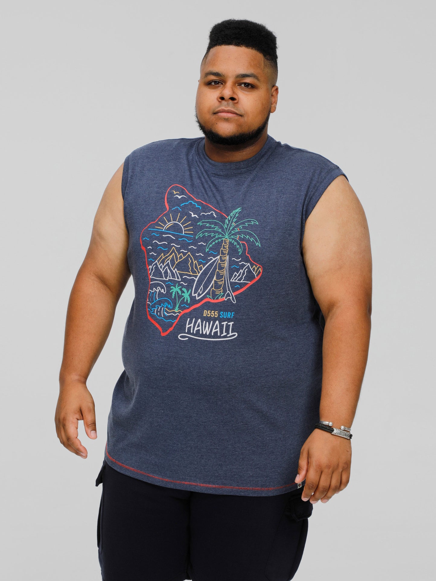 CLIFTON -D555 Denim Blue Marl Hawaii Island Printed Sleeveless T-Shirt