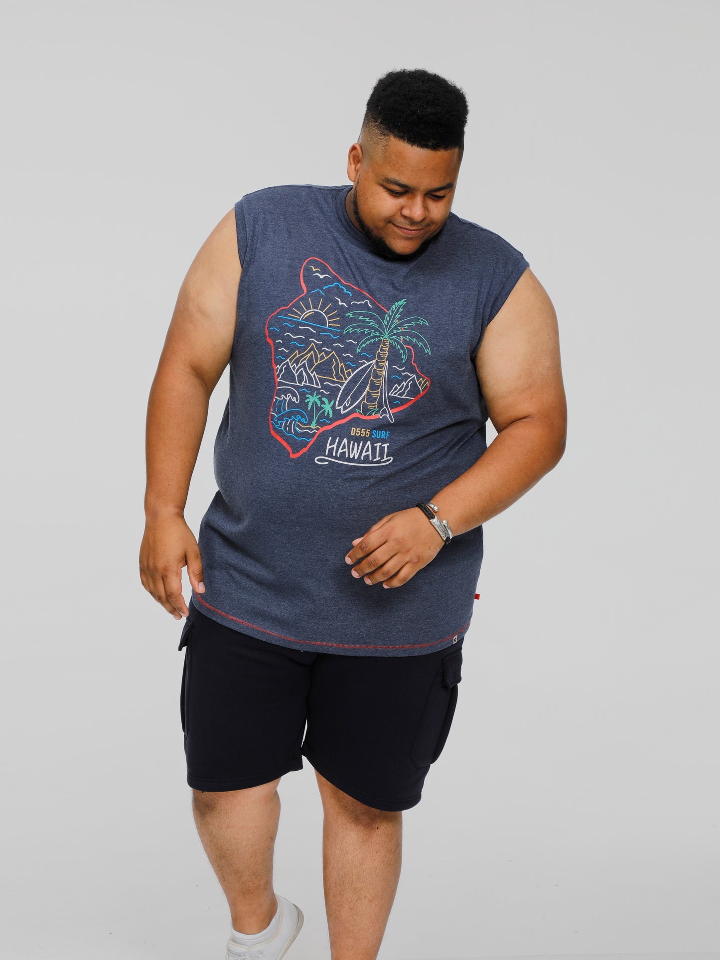 CLIFTON -D555 Denim Blue Marl Hawaii Island Printed Sleeveless T-Shirt
