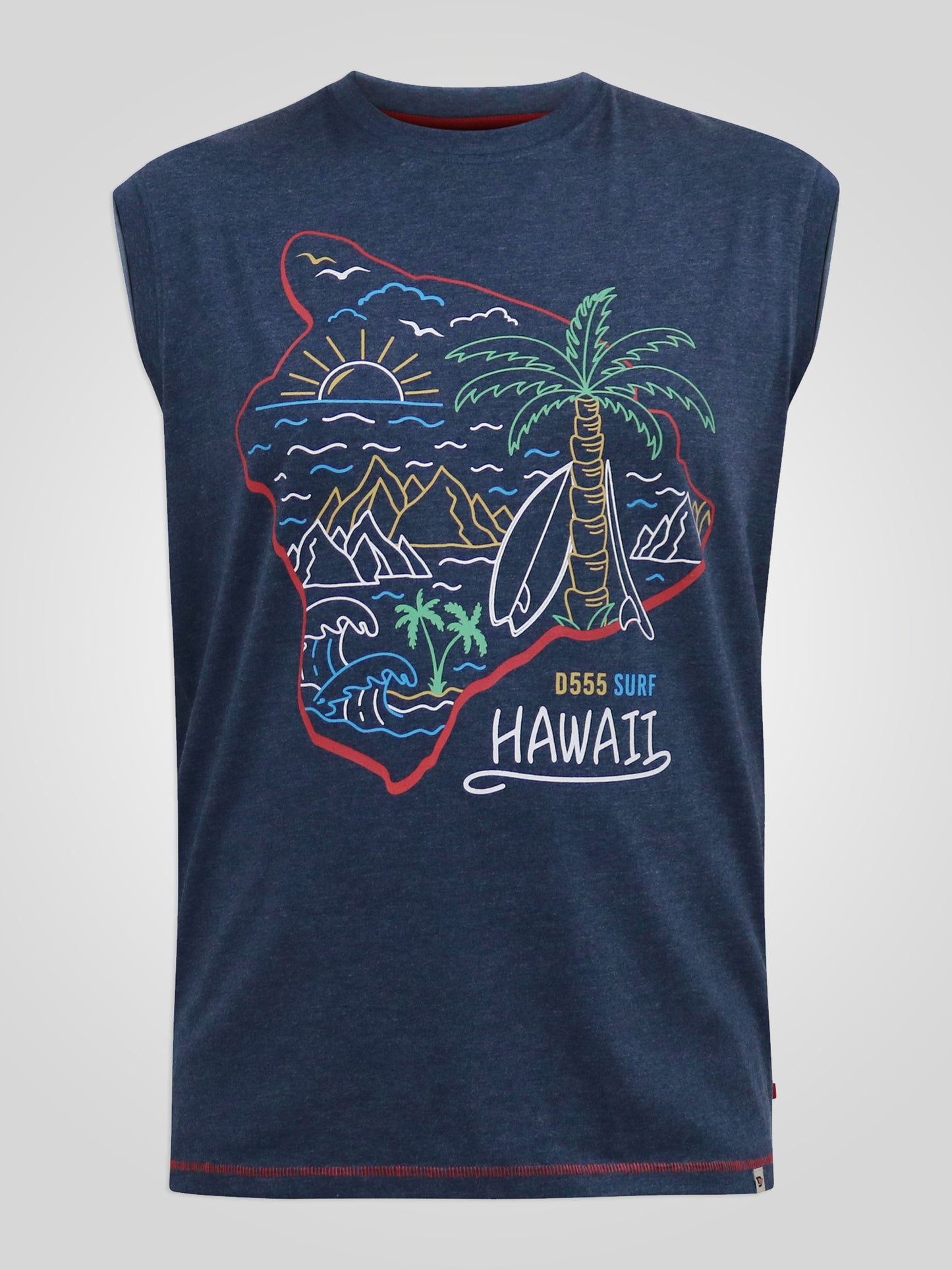 CLIFTON -D555 Denim Blue Marl Hawaii Island Printed Sleeveless T-Shirt