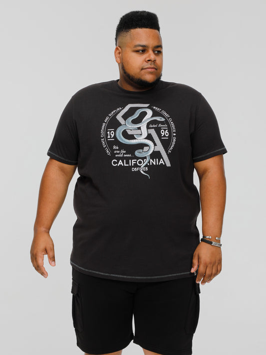 CORTEX -D555 Washed Black California Snake Printed Crew Neck T-Shirt