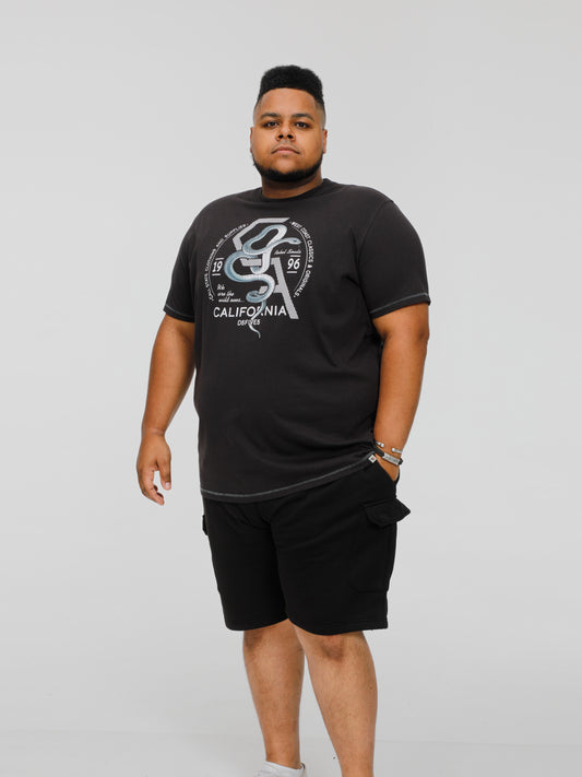 CORTEX -D555 Washed Black California Snake Printed Crew Neck T-Shirt