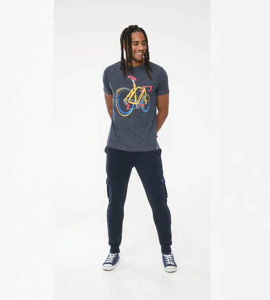 GAMSTON -D555 Navy Blue Fine Stripe Abstract Push Bike Printed Crew Neck T-Shirt