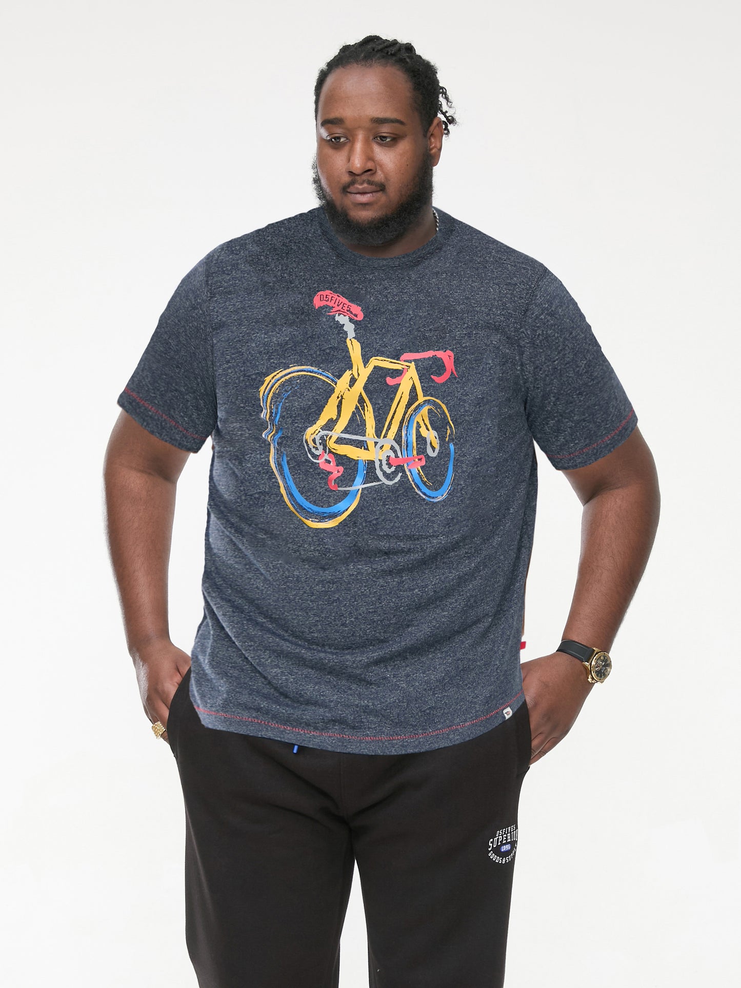 GAMSTON -D555 Navy Blue Fine Stripe Abstract Push Bike Printed Crew Neck T-Shirt