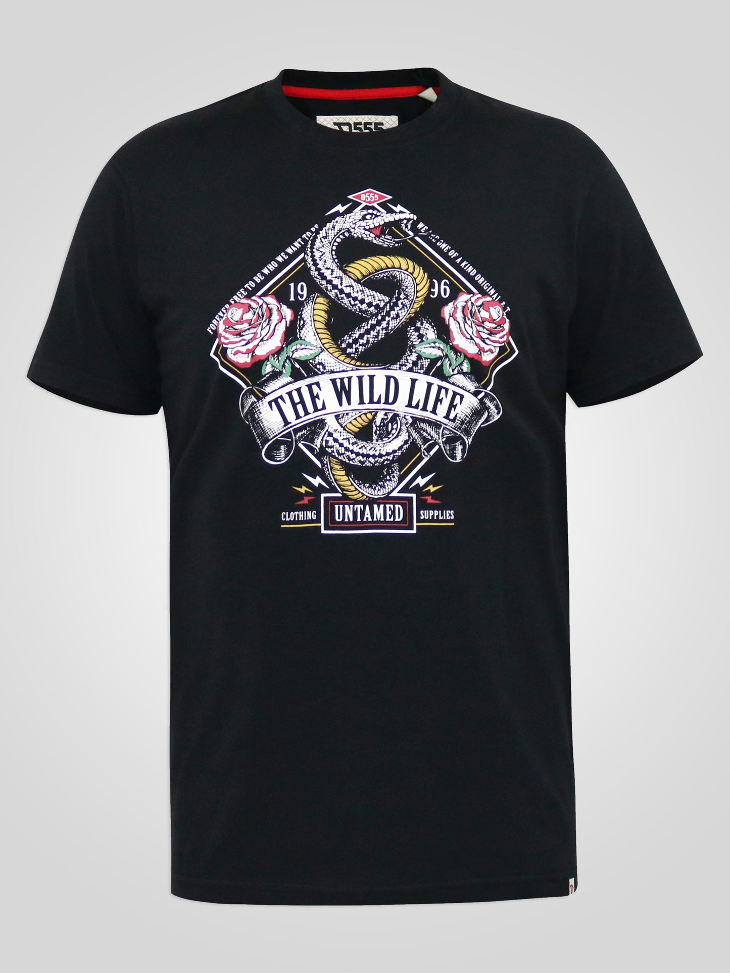 MALCOM -D555 Black Snake and Roses Printed Crew Neck T-Shirt