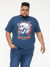 NEAL -D555 Navy Blue Twist Skull with Flames Printed Crew Neck T-Shirt