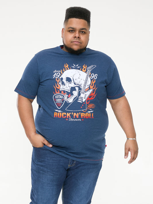 NEAL -D555 Navy Blue Twist Skull with Flames Printed Crew Neck T-Shirt