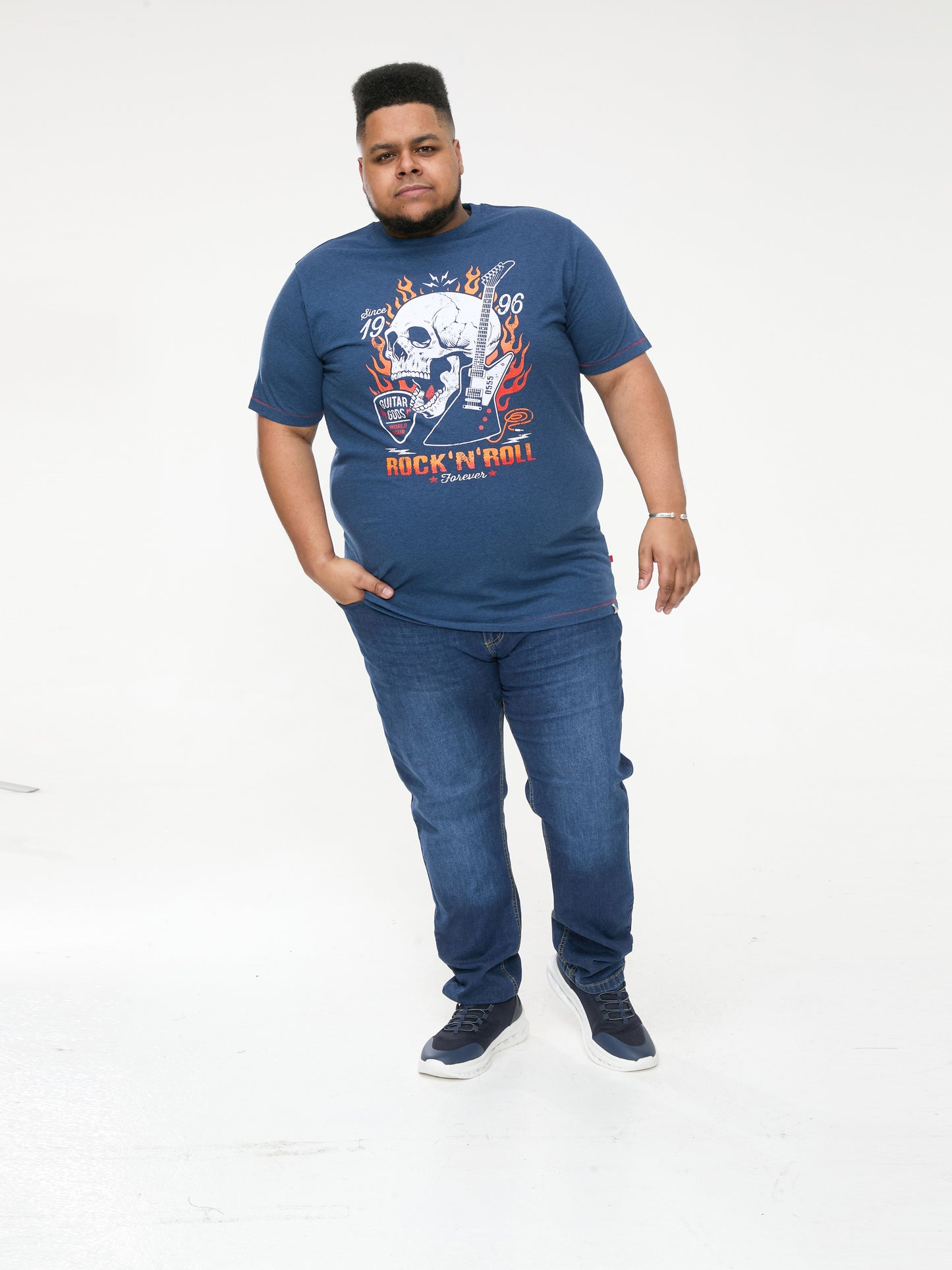 NEAL -D555 Navy Blue Twist Skull with Flames Printed Crew Neck T-Shirt