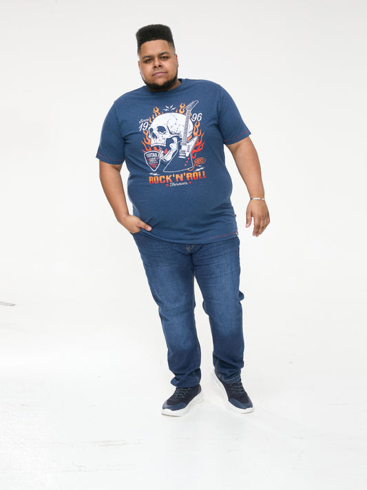 NEAL -D555 Navy Blue Twist Skull with Flames Printed Crew Neck T-Shirt