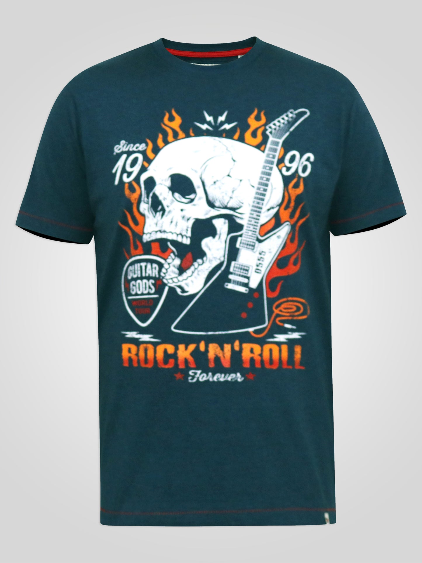 NEAL -D555 Navy Blue Twist Skull with Flames Printed Crew Neck T-Shirt