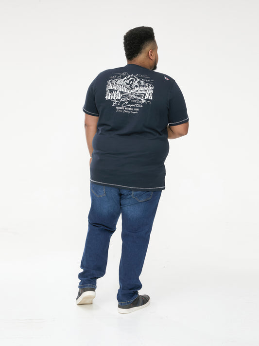 GRAHAM -D555 Navy Blue Yosemite Chest and Back Printed Crew Neck T-Shirt