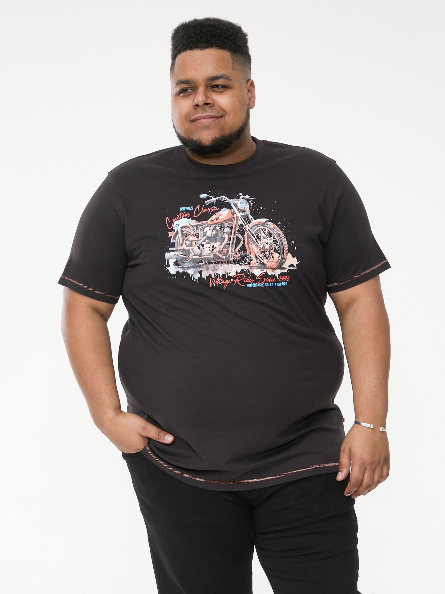 LORNE -D555 Washed Black Motor Bike Splatter Printed Crew Neck T-Shirt