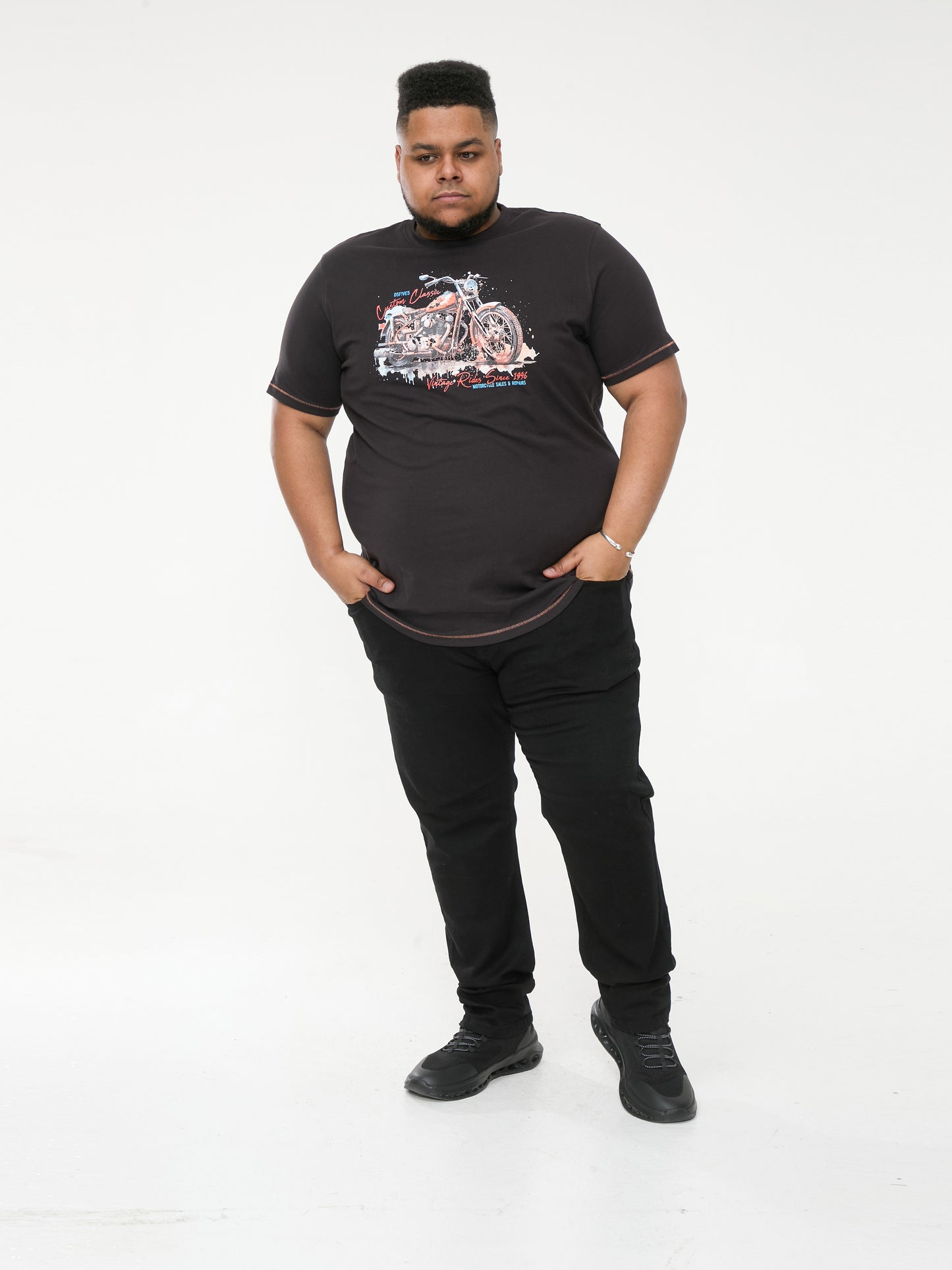 LORNE -D555 Washed Black Motor Bike Splatter Printed Crew Neck T-Shirt