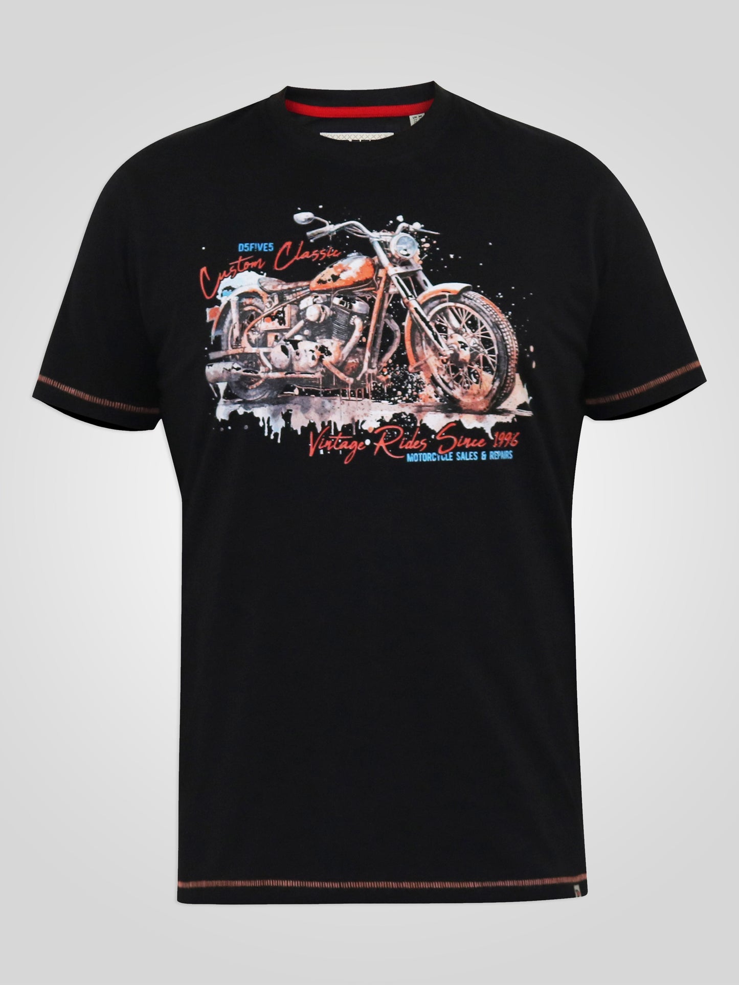 LORNE -D555 Washed Black Motor Bike Splatter Printed Crew Neck T-Shirt