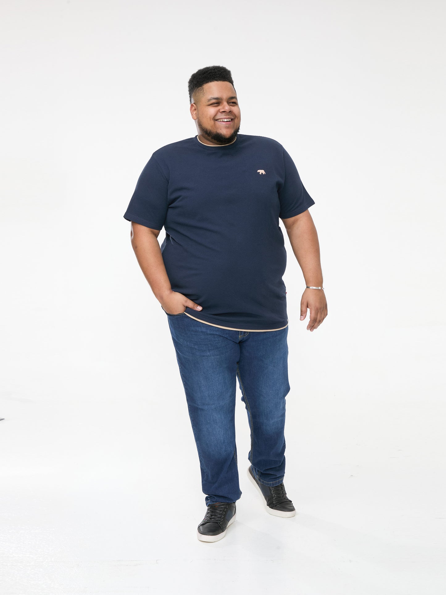 SANDFORD 1 -D555 Navy Blue Double Layer Look Waffle Textured T-Shirt