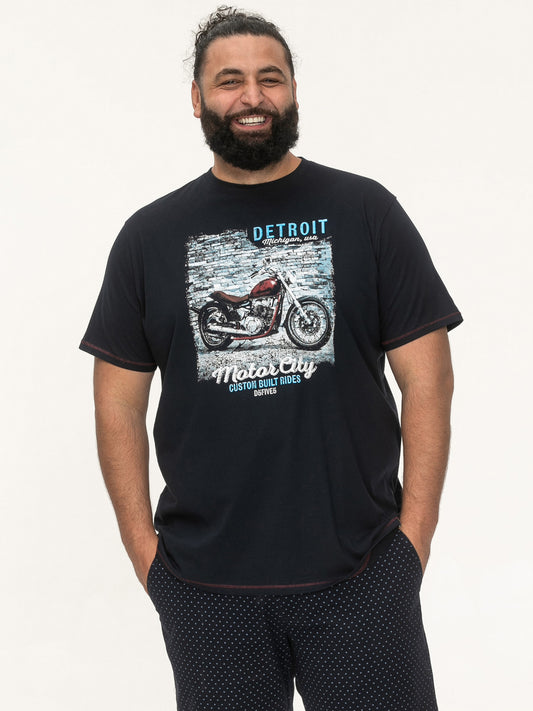 KNOWLE -D555 Navy Blue Detroit Motor Bike Printed Crew Neck T-Shirt