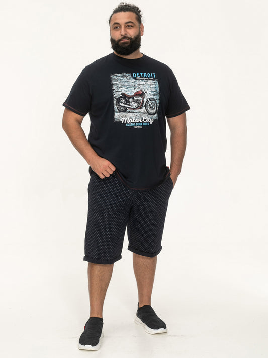 KNOWLE -D555 Navy Blue Detroit Motor Bike Printed Crew Neck T-Shirt