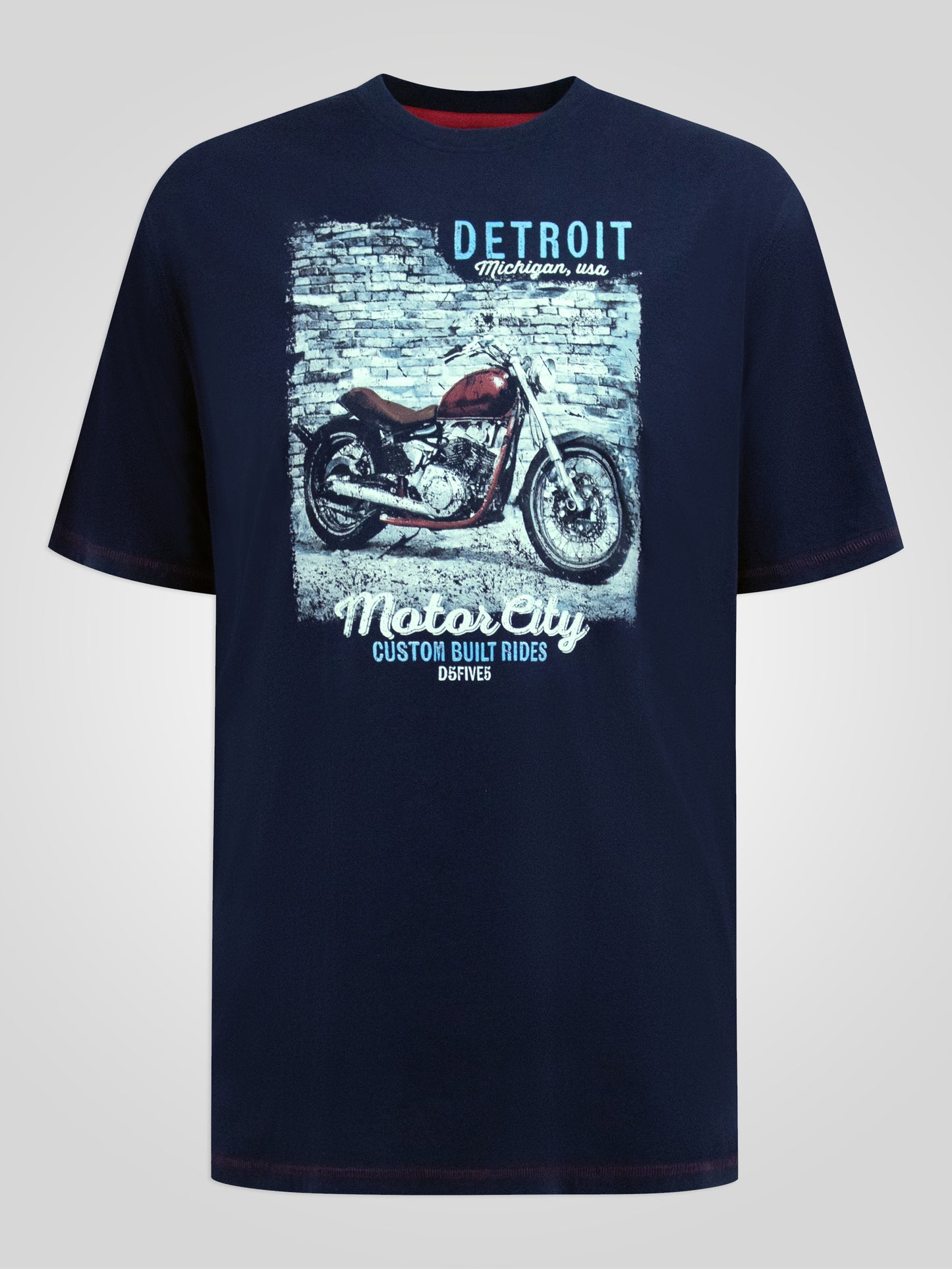 KNOWLE -D555 Navy Blue Detroit Motor Bike Printed Crew Neck T-Shirt
