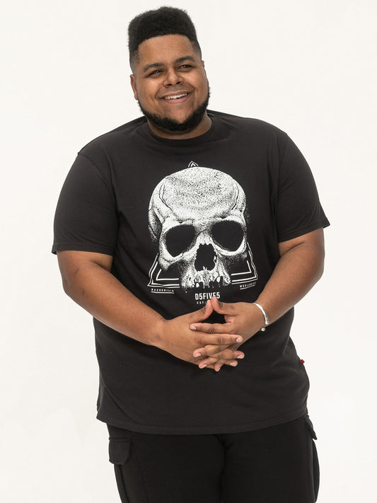 HUCKNALL -D555 Washed Black Skull Monochrome Printed Crew Neck T-Shirt