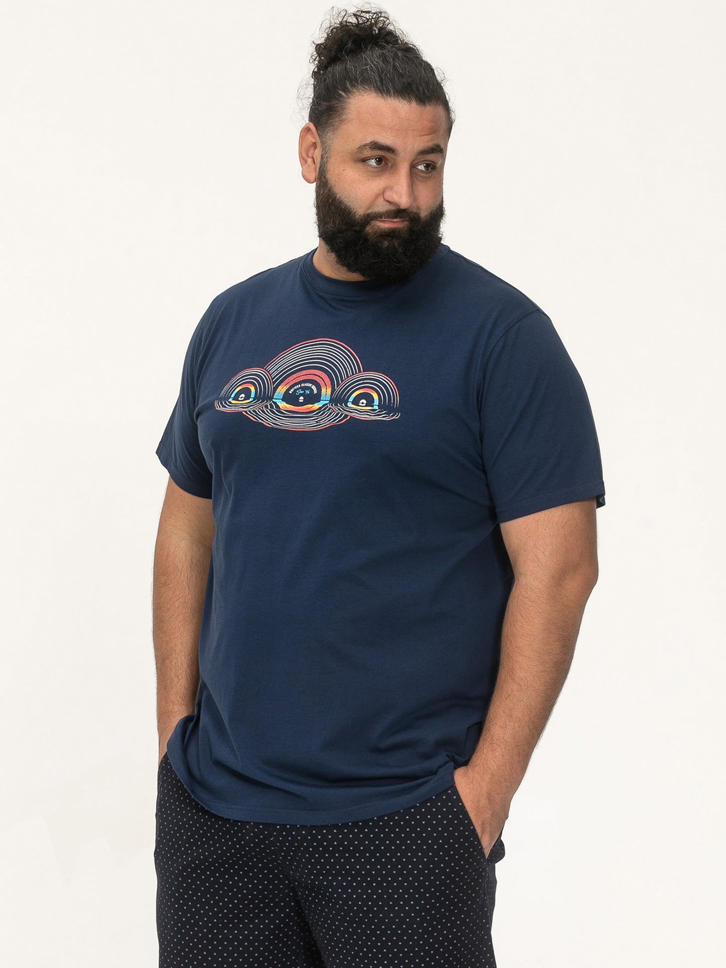 CHELTENHAM -D555 French Navy Blue Record with Reflection Print Crew Neck T-Shirt