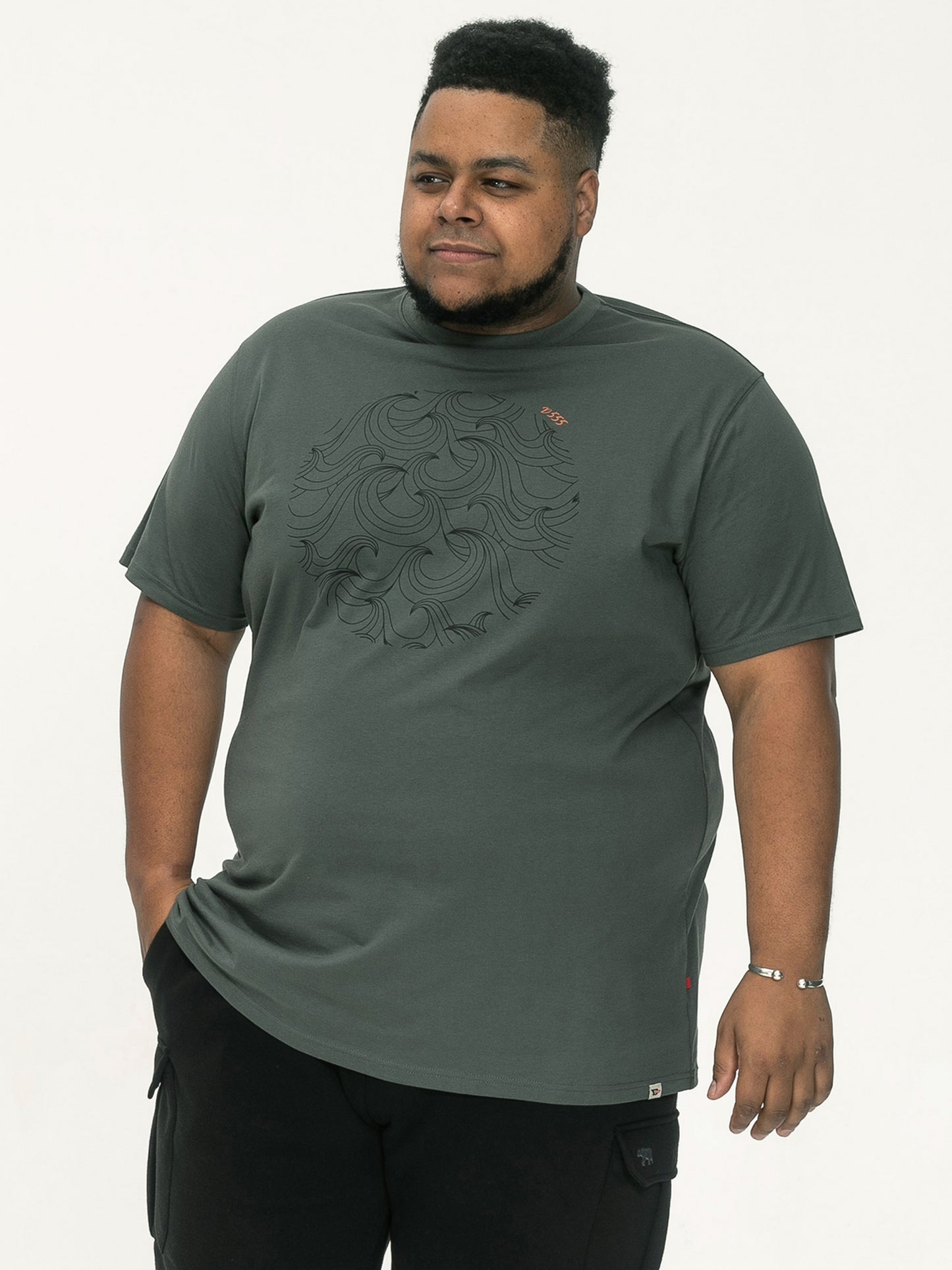 POOLE -D555 Khaki Green Circle Wave Printed Crew Neck T-Shirt