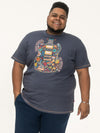 STOCKPORT -D555 Denim Blue Multi Coloured Guitar Printed Crew Neck T-Shirt