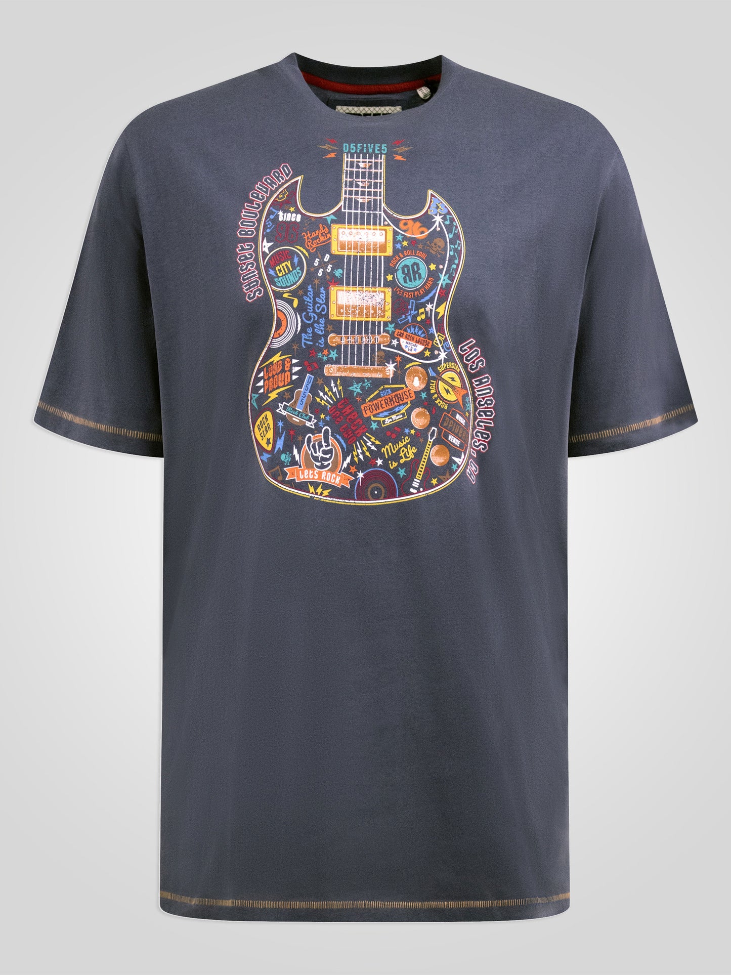 STOCKPORT -D555 Denim Blue Multi Coloured Guitar Printed Crew Neck T-Shirt