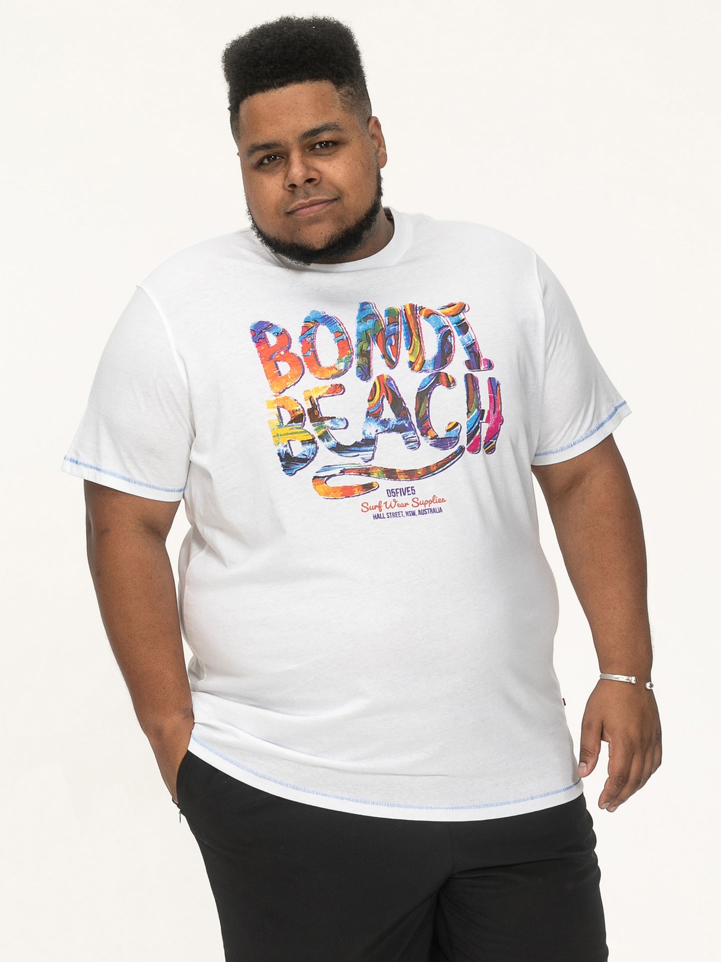 SYDNEY -D555 White Multi Coloured Bondi Beach Printed Crew Neck T-Shirt