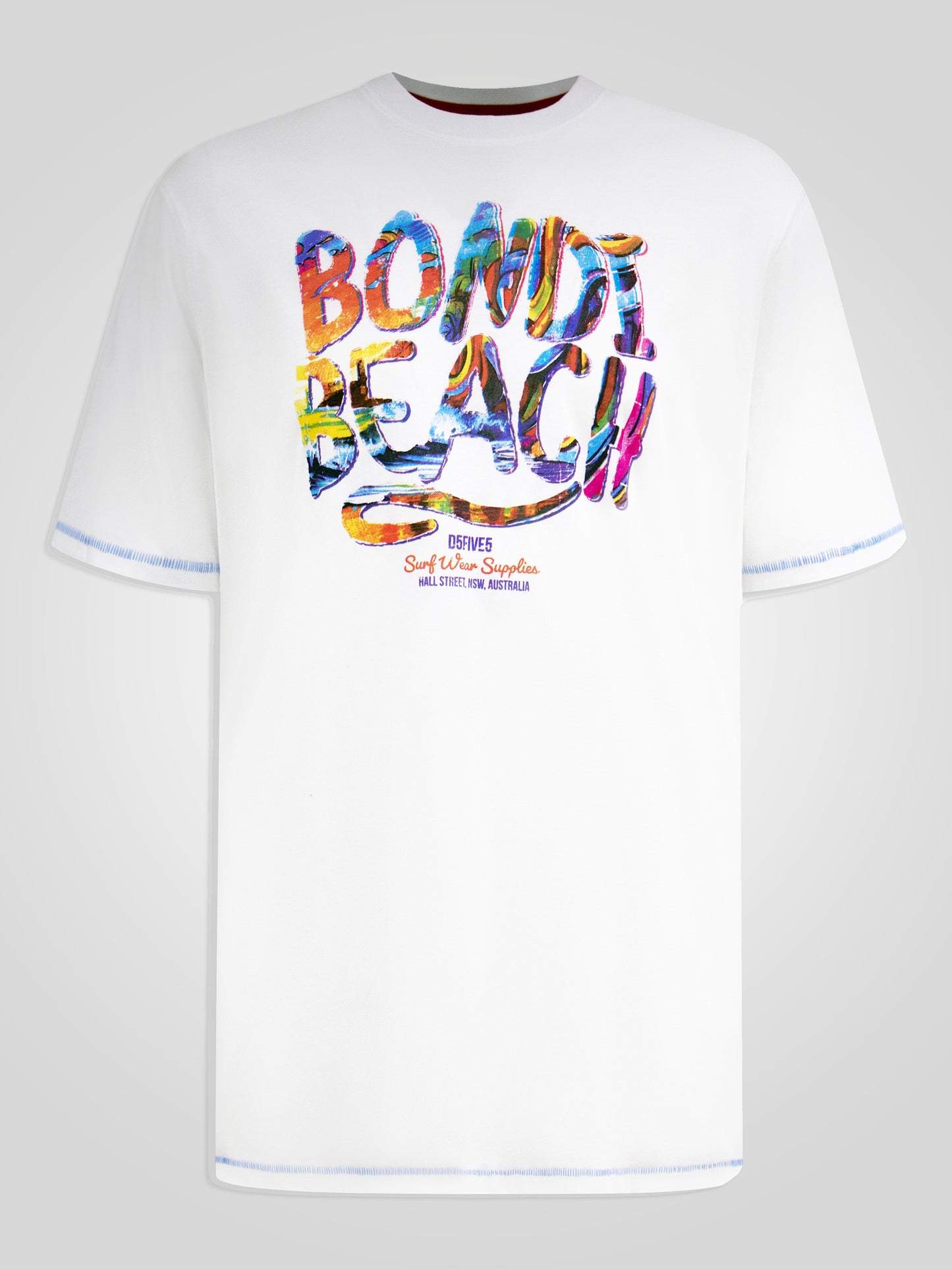 SYDNEY -D555 White Multi Coloured Bondi Beach Printed Crew Neck T-Shirt