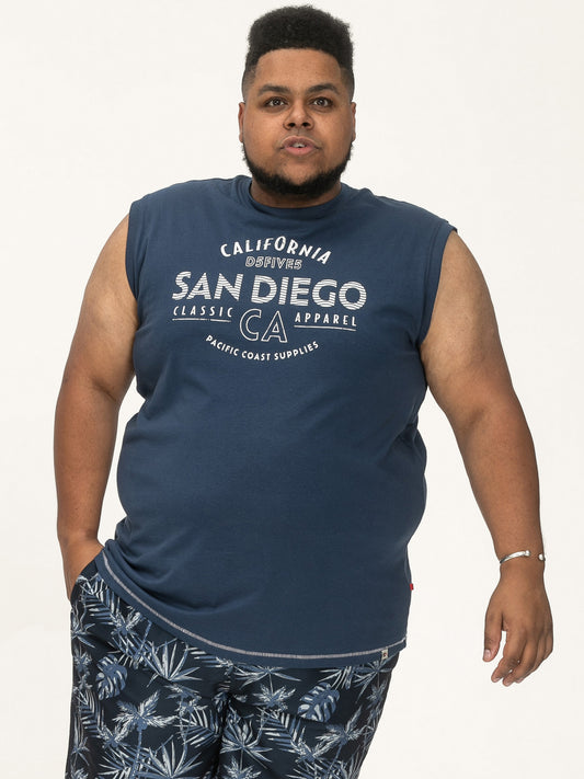 HAVANT -D555 French Navy Blue San Diego Printed Sleeveless T-Shirt