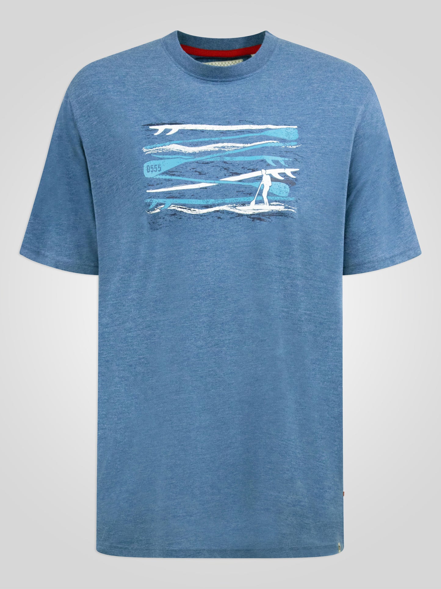 CARDIFF -D555 Denim Blue Marl Surfer and Waves Printed Crew Neck T-Shirt