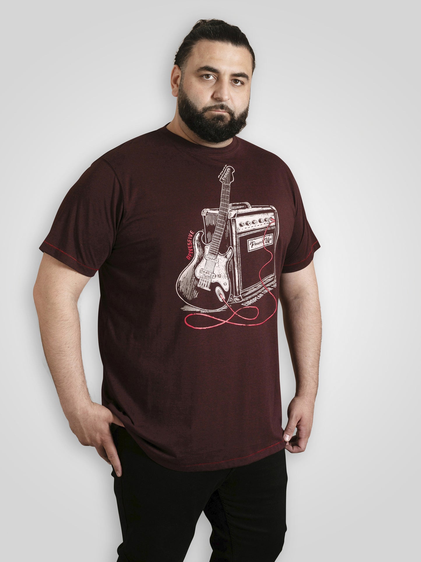 BARNSLEY -D555 Burgundy Twist Guitar and Amp Printed Crew Neck T-Shirt