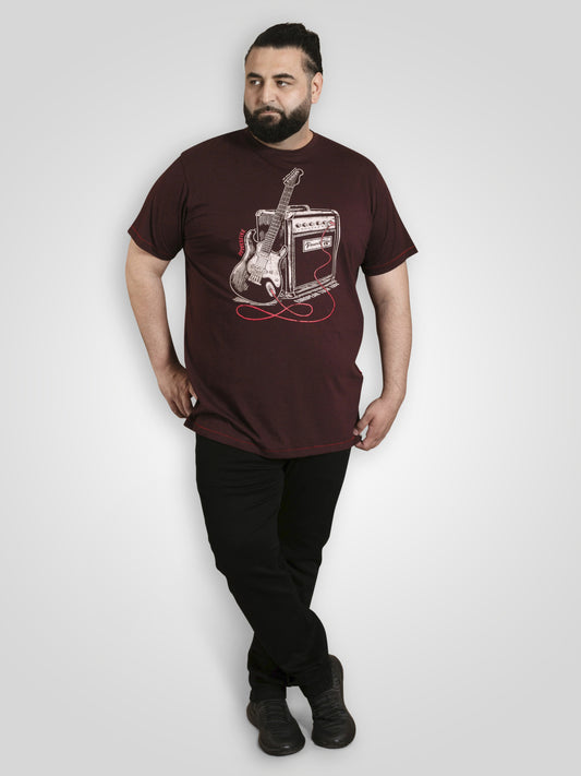 BARNSLEY -D555 Burgundy Twist Guitar and Amp Printed Crew Neck T-Shirt