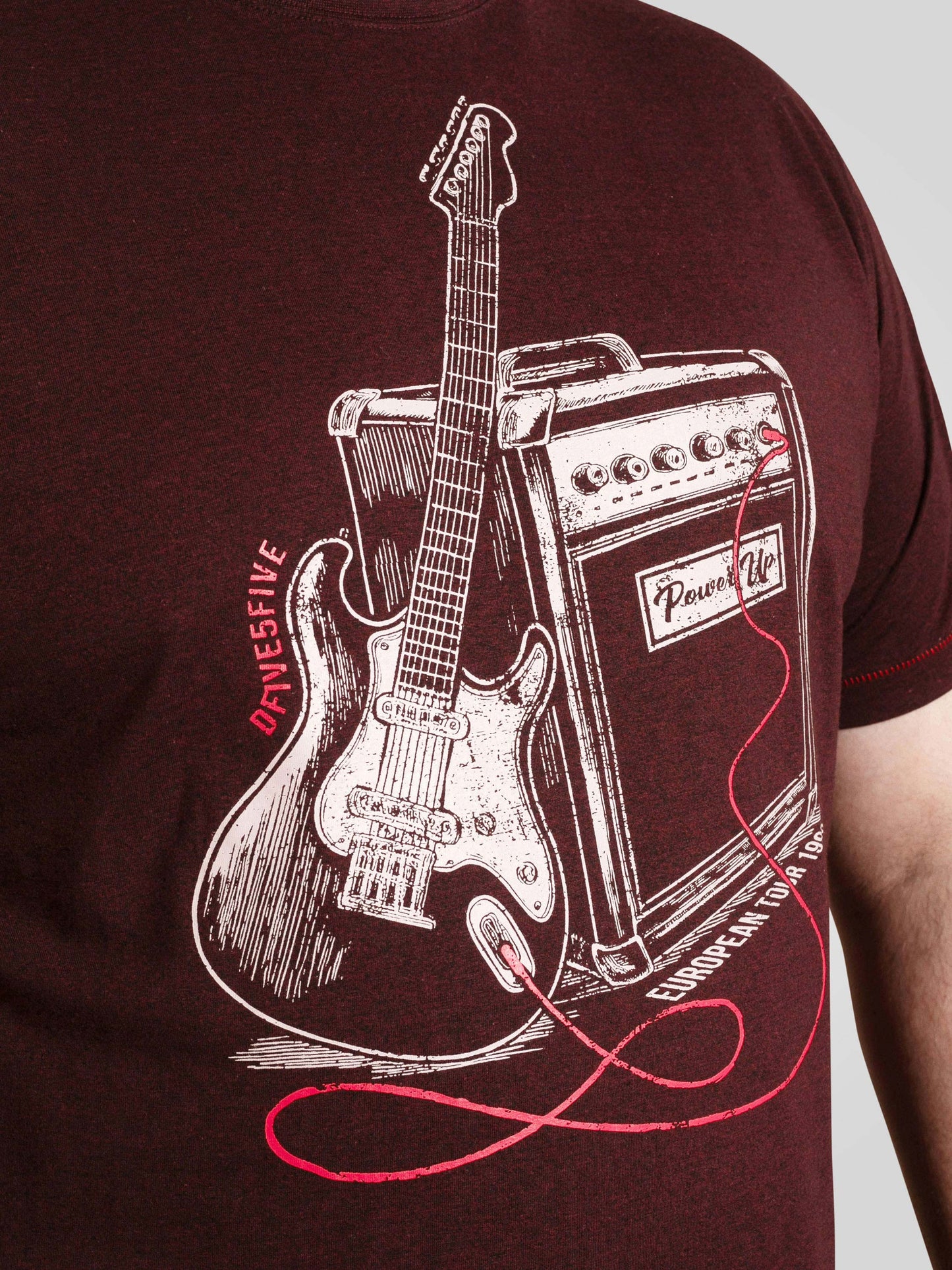 BARNSLEY -D555 Burgundy Twist Guitar and Amp Printed Crew Neck T-Shirt