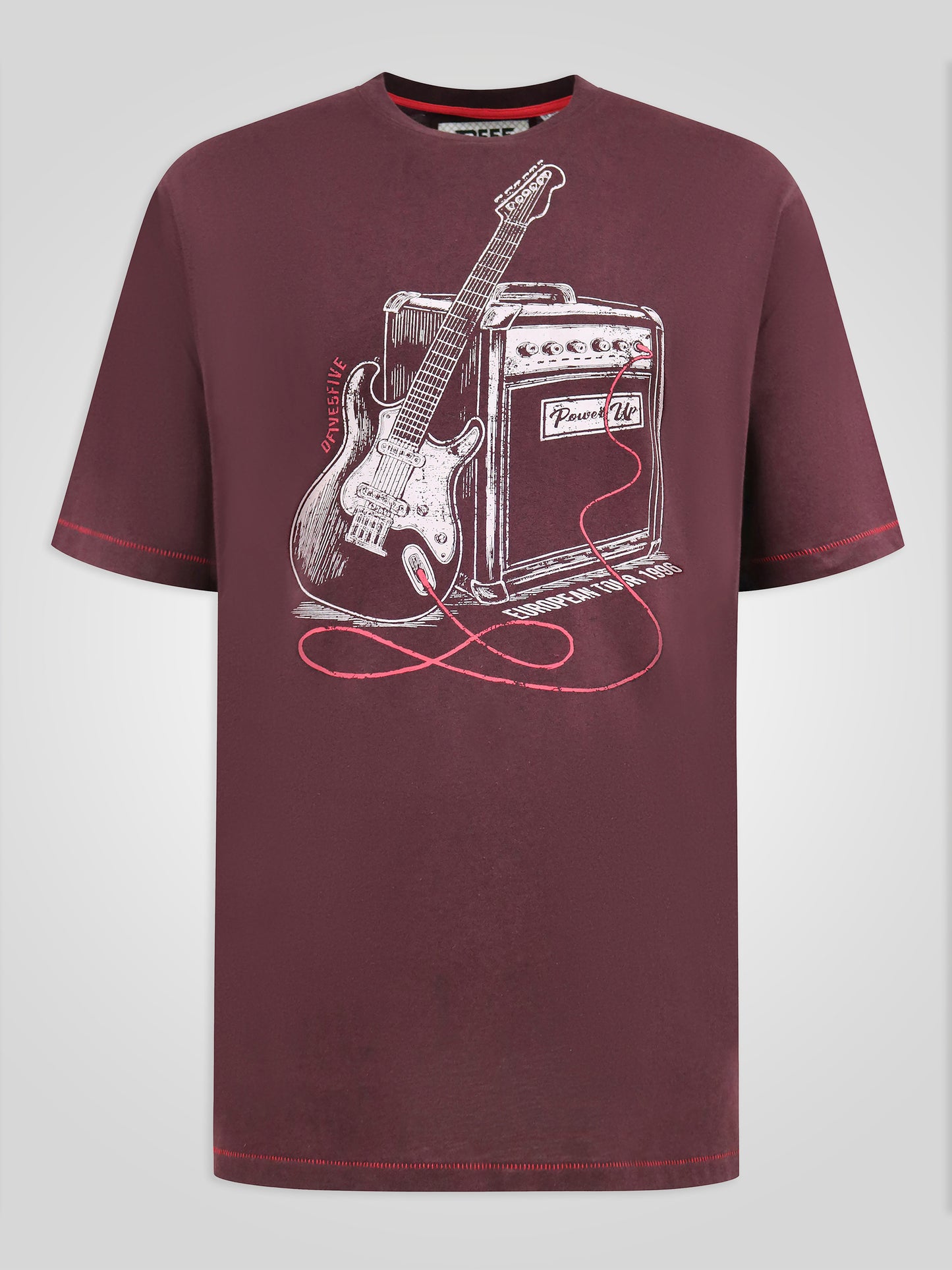 BARNSLEY -D555 Burgundy Twist Guitar and Amp Printed Crew Neck T-Shirt