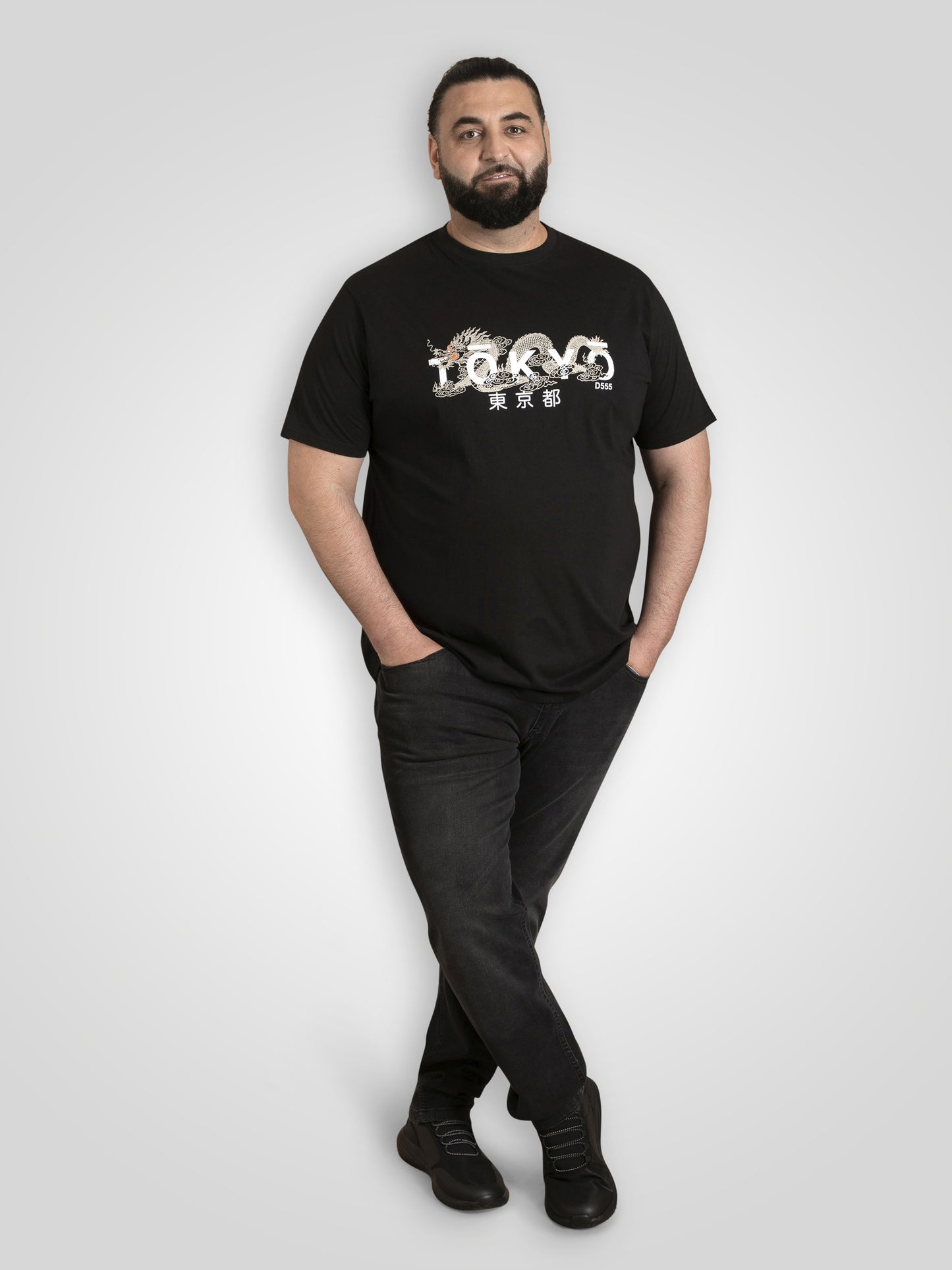GINZA -D555 Black Tokyo with Dragon Printed Crew Neck T-Shirt
