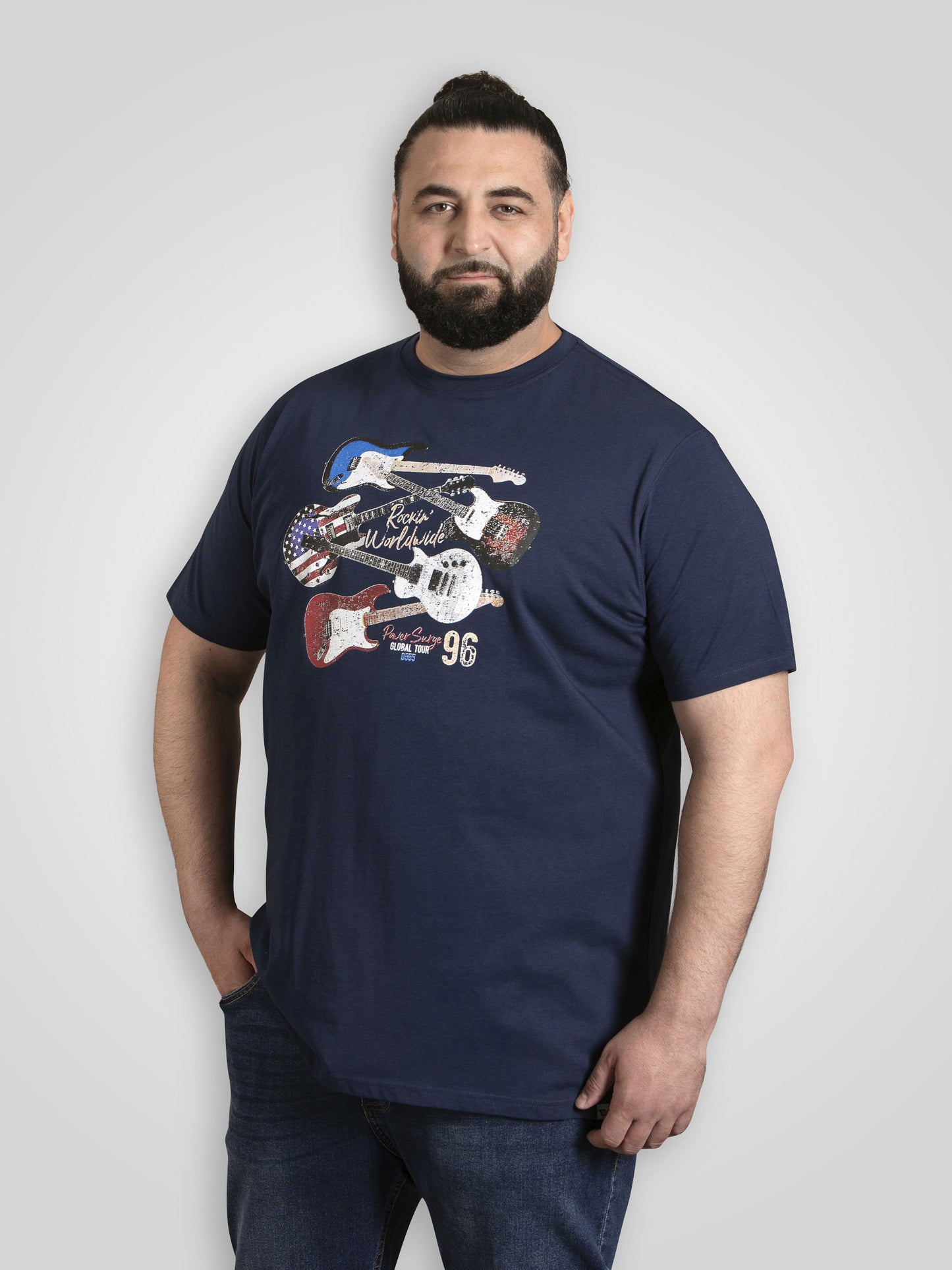LIVERPOOL -D555 Navy Blue Rockin' World Tour Guitar Printed Crew Neck T-Shirt