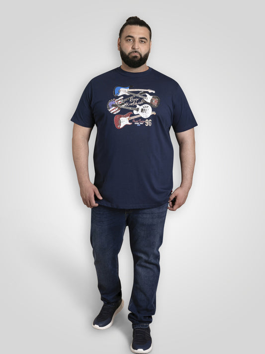LIVERPOOL -D555 Navy Blue Rockin' World Tour Guitar Printed Crew Neck T-Shirt