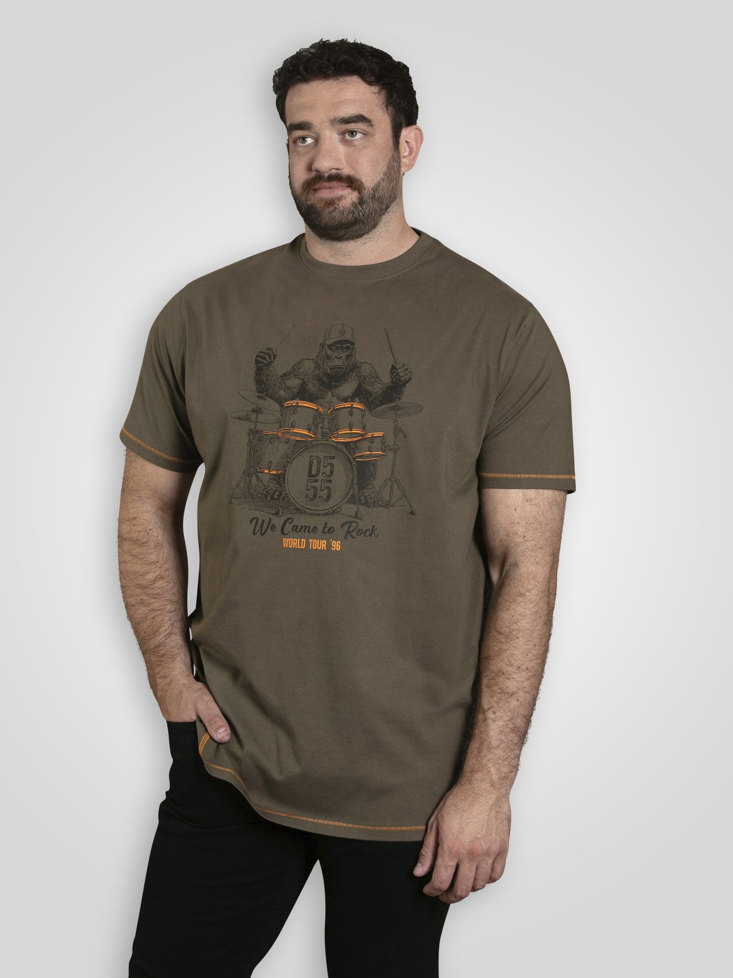 STOCKTON -D555 Khaki Green Gorilla Playing Drums Printed Crew Neck T-Shirt
