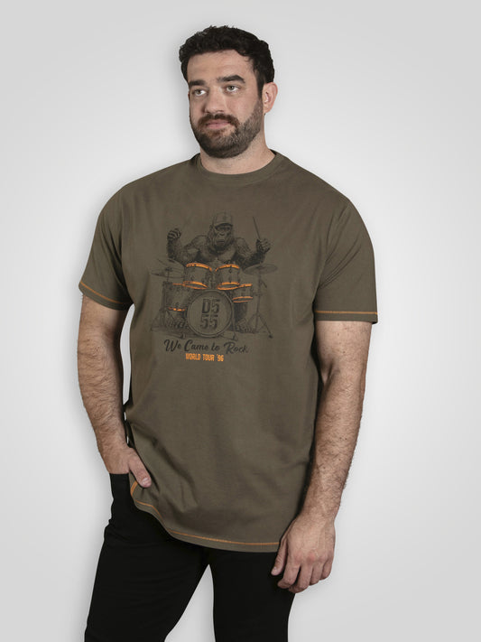 STOCKTON -D555 Khaki Green Gorilla Playing Drums Printed Crew Neck T-Shirt