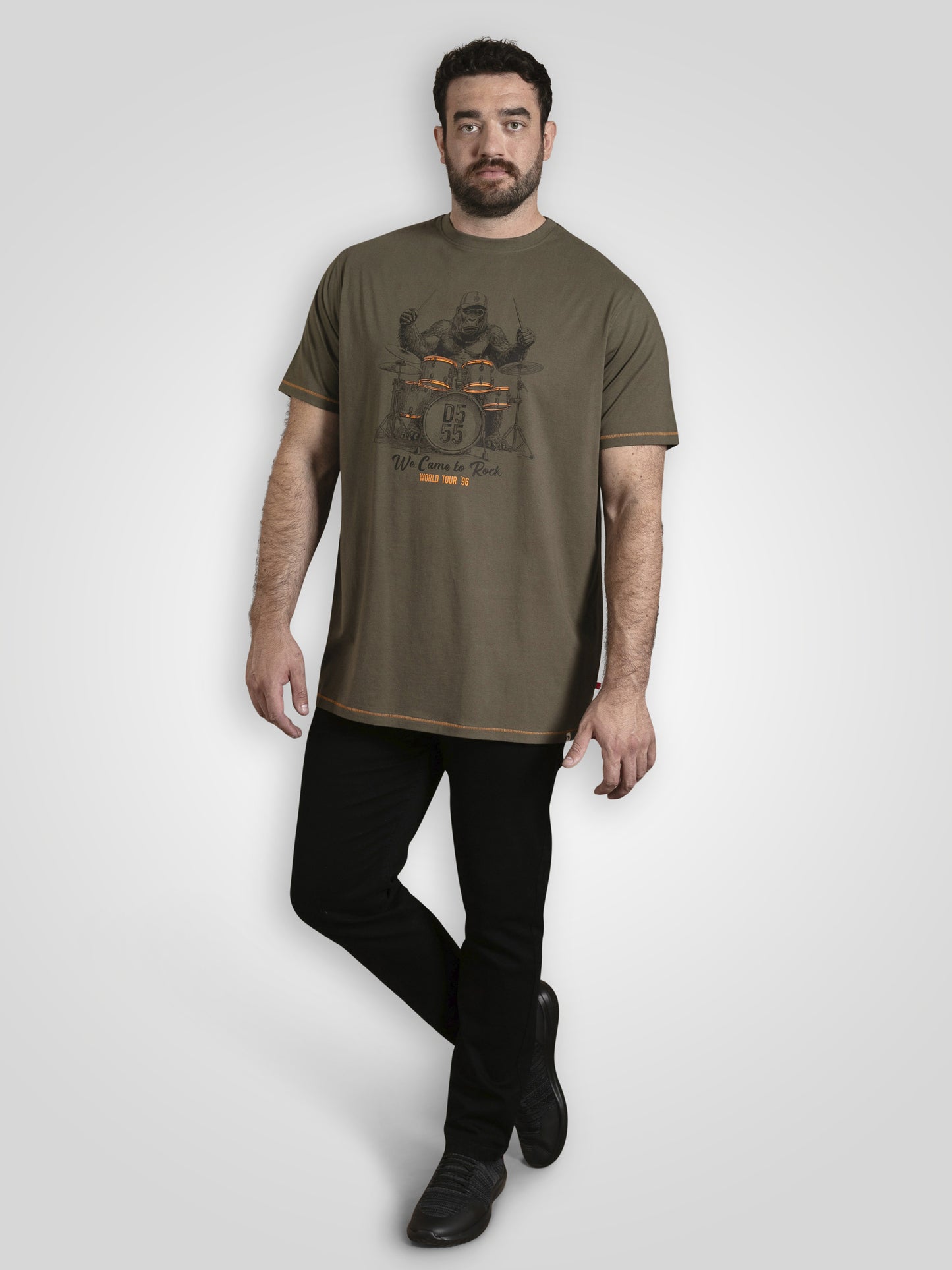 STOCKTON -D555 Khaki Green Gorilla Playing Drums Printed Crew Neck T-Shirt