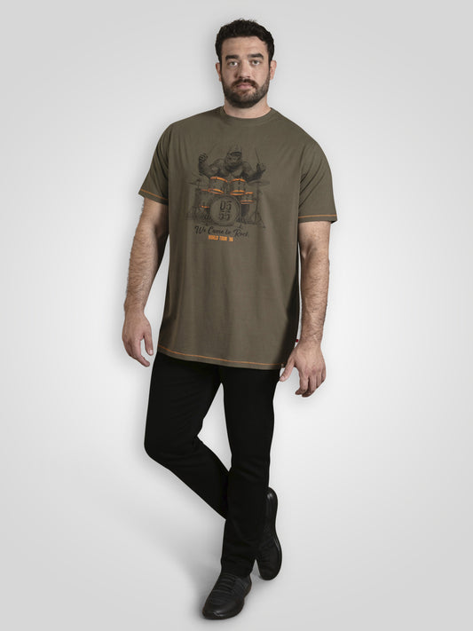 STOCKTON -D555 Khaki Green Gorilla Playing Drums Printed Crew Neck T-Shirt