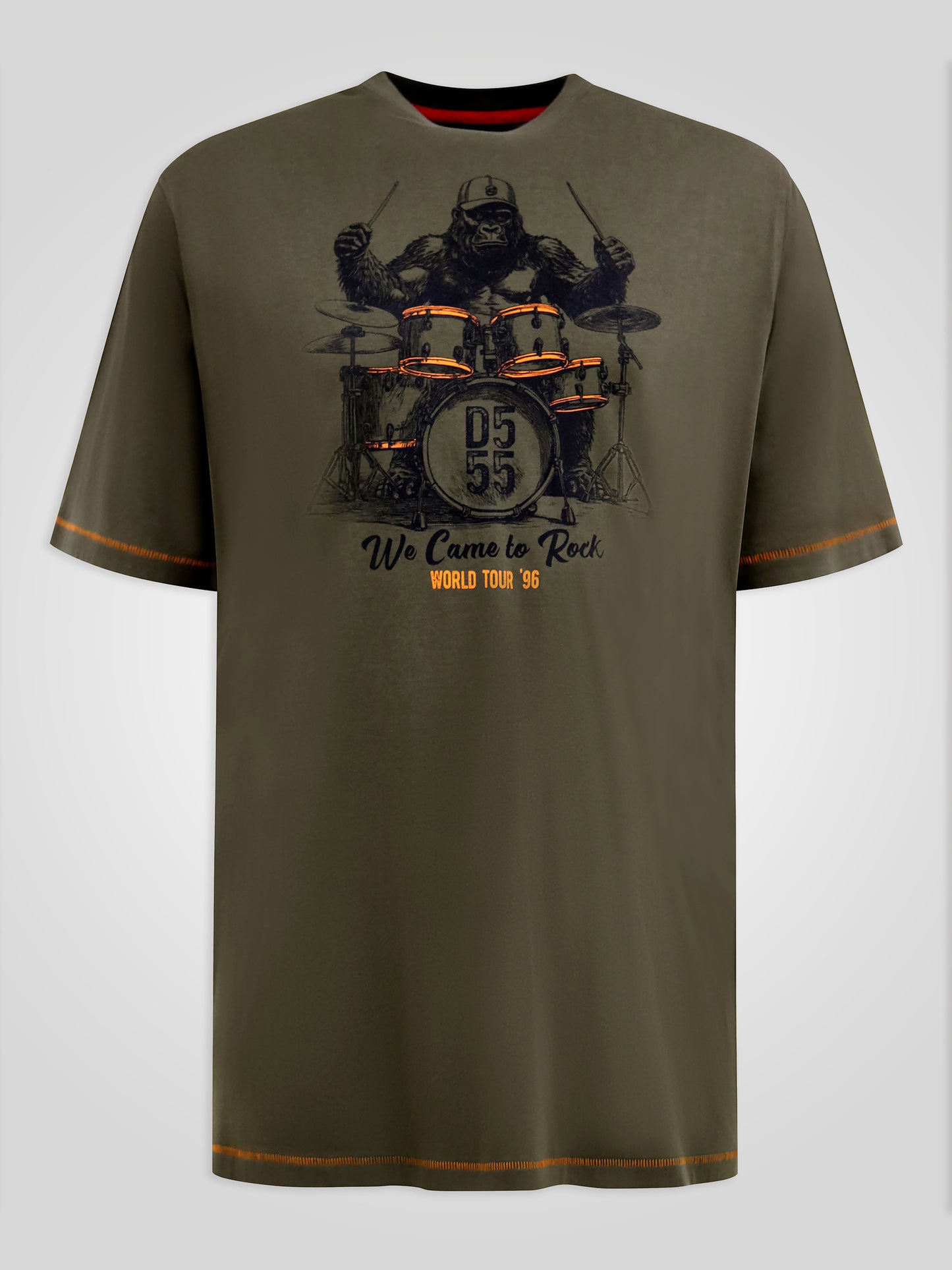 STOCKTON -D555 Khaki Green Gorilla Playing Drums Printed Crew Neck T-Shirt