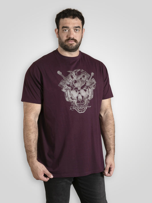 GRIMSBY -D555 Burgundy Rock 'N' Roll Skull Printed Crew Neck T-Shirt