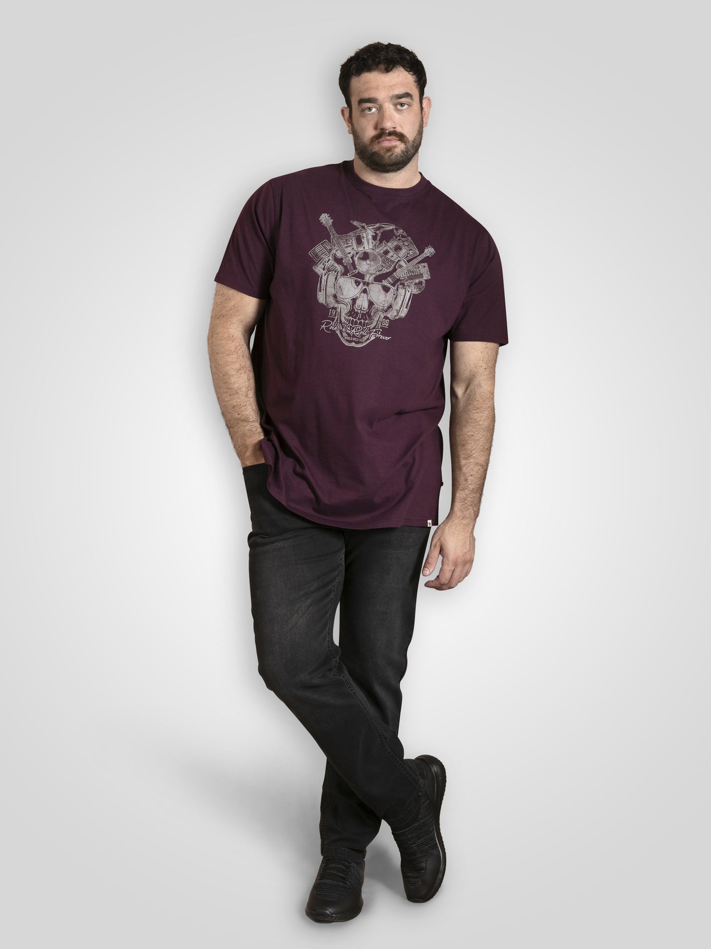 GRIMSBY -D555 Burgundy Rock 'N' Roll Skull Printed Crew Neck T-Shirt