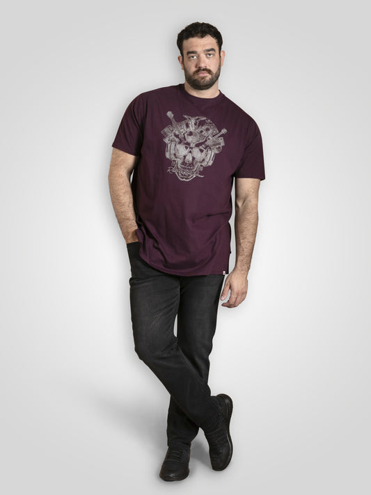 GRIMSBY -D555 Burgundy Rock 'N' Roll Skull Printed Crew Neck T-Shirt