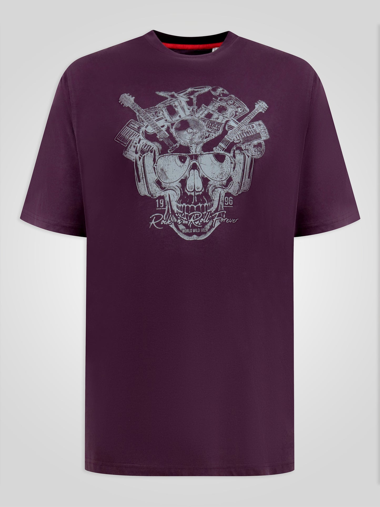 GRIMSBY -D555 Burgundy Rock 'N' Roll Skull Printed Crew Neck T-Shirt