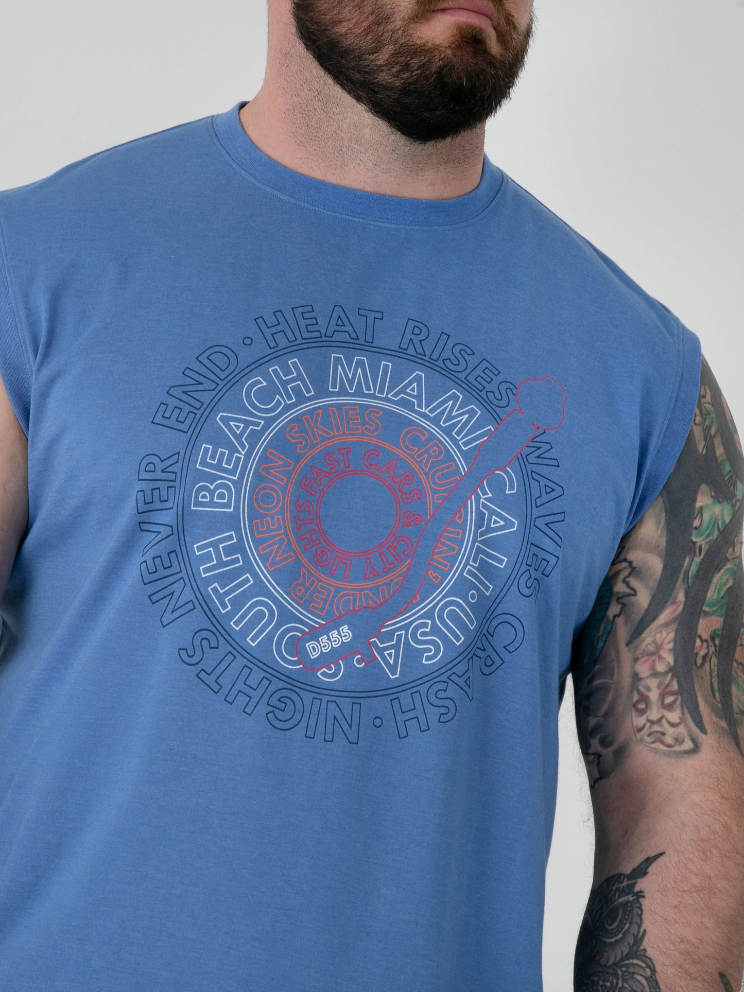 REEVES -D555 Blue Marl South Beach Miami Printed Sleeveless T-Shirt
