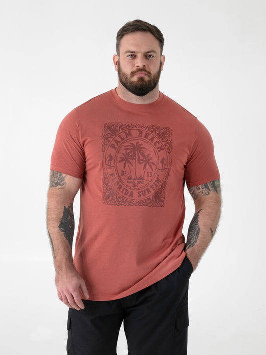 TITCHMARSH -D555 Brick Red Florida Surfin' Tonal Printed Crew Neck T-Shirt